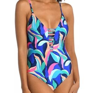 La Blanca Reversible One Piece Swimsuit Size 8 Multicolor Tropical Lace Up Back